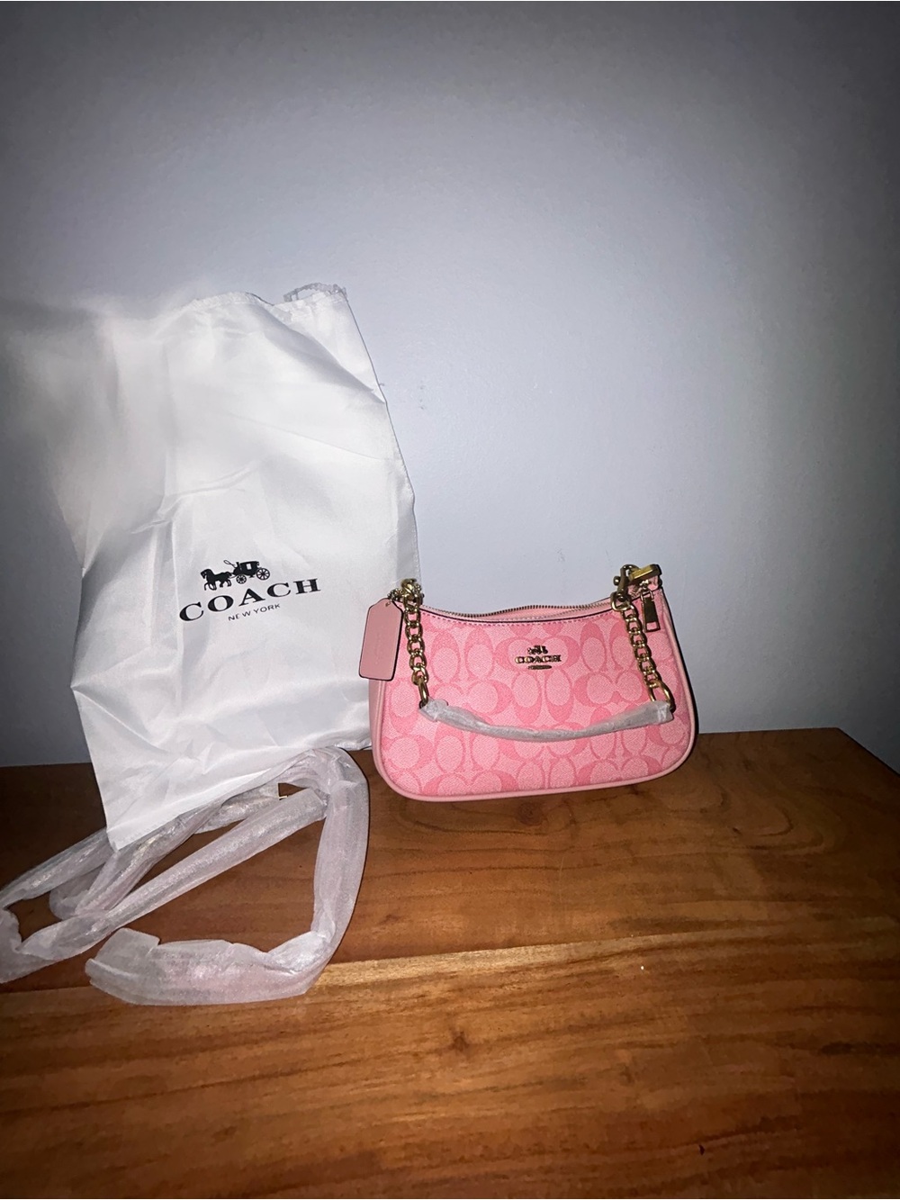 Coach Pink Signature Mini Shoulder Bag with Gold Chain
